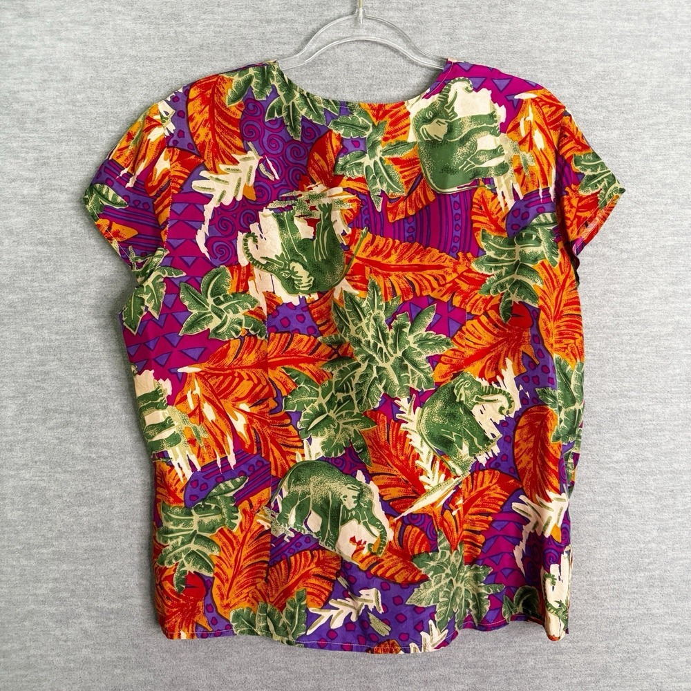 100% SILK Short Sleeve Shirt Top Button Up Women's Medium Blouse Safari Tropical - Picture 4 of 4